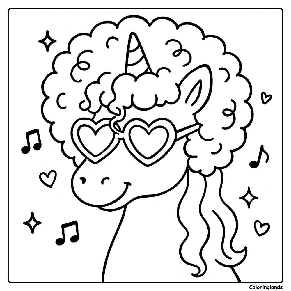Groovy unicorn with afro and heart glasses coloring picture