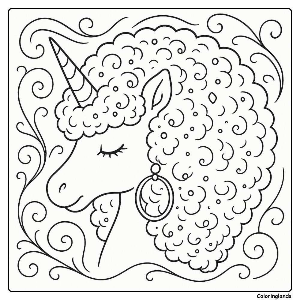 Curly mane unicorn portrait with hoop earring coloring image