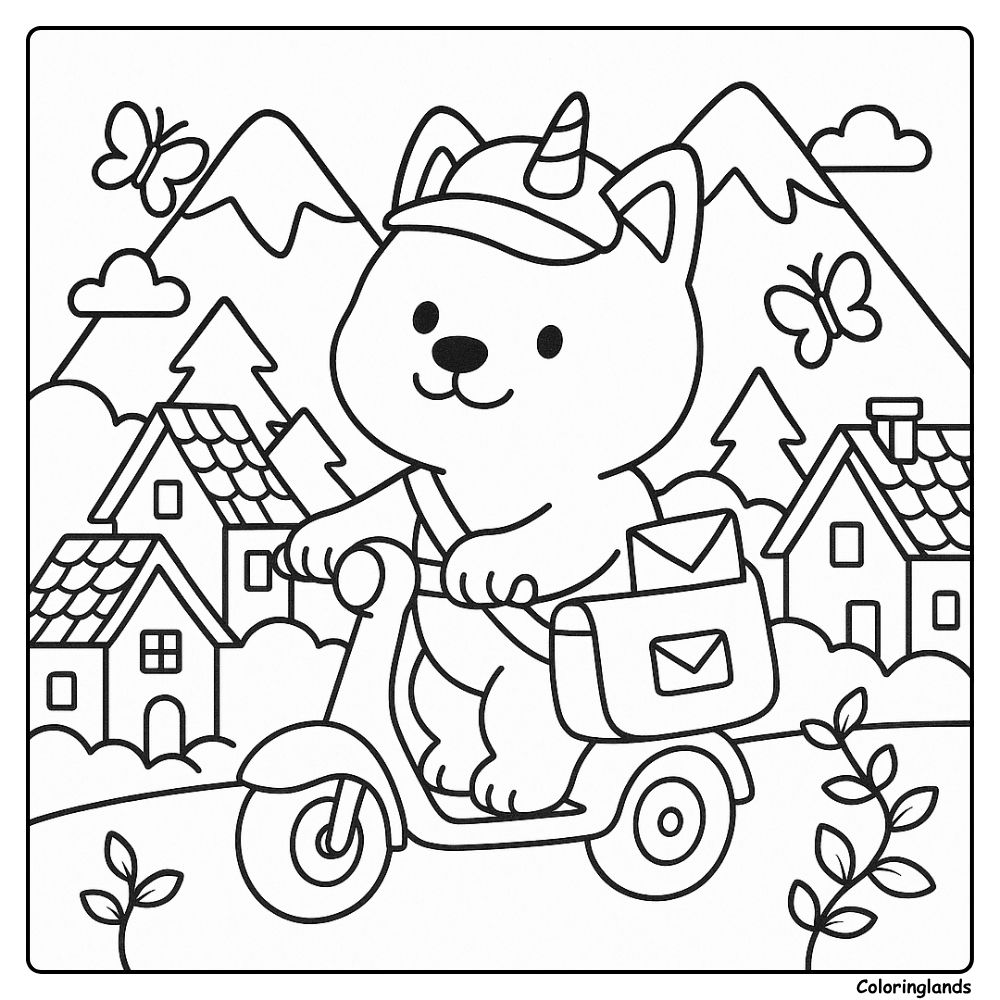 Scooter mail pup in alpine town printable coloring art