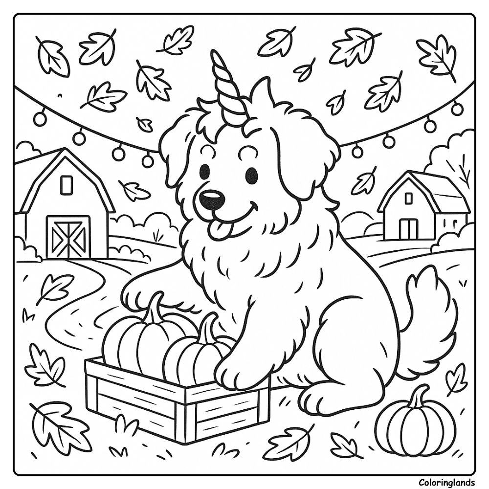 Harvest farm puppy with pumpkin crate coloring picture