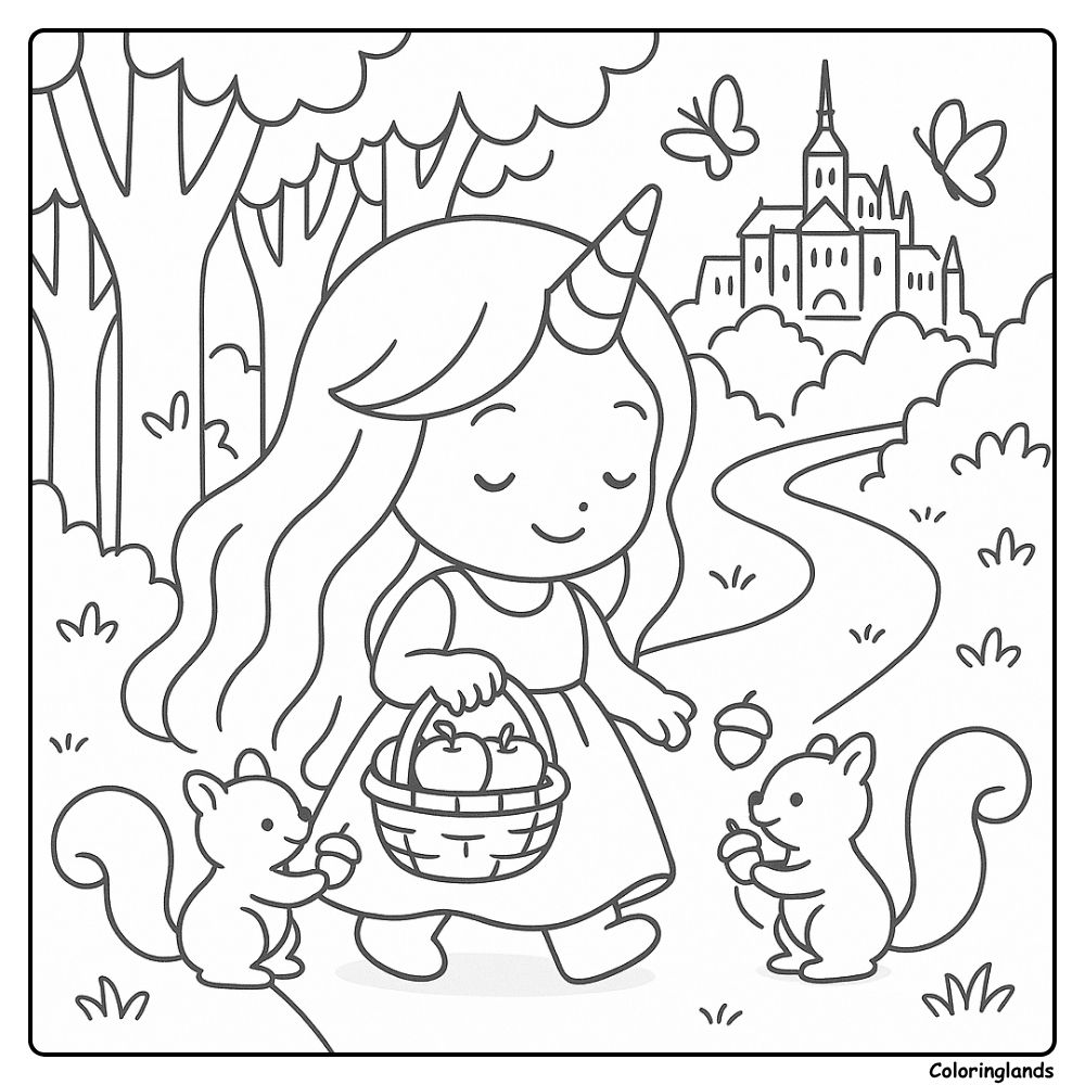 Unicorn girl walks with apples as squirrels tag along