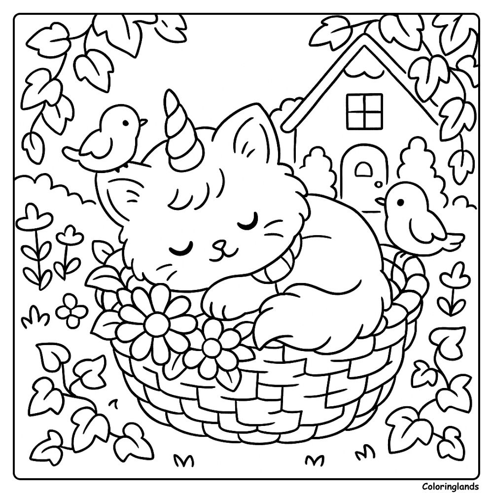 Sleeping kitten unicorn in basket by cottage and flowers