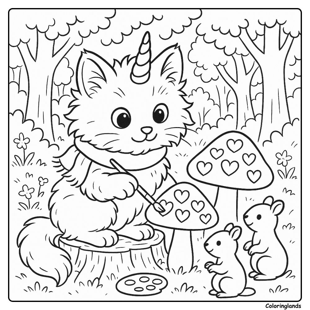Forest kitten unicorn paints hearts as bunnies watch