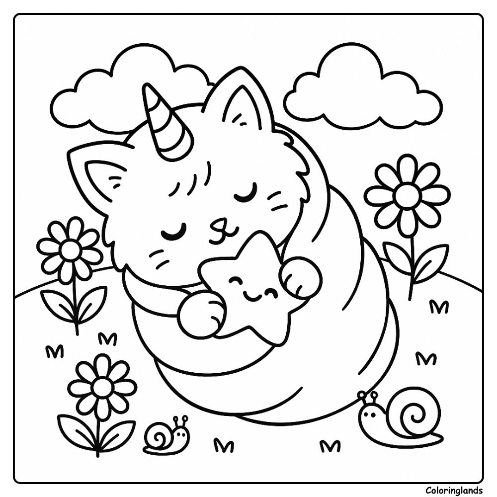 Swaddled kitten unicorn cuddles star on a flowered hill