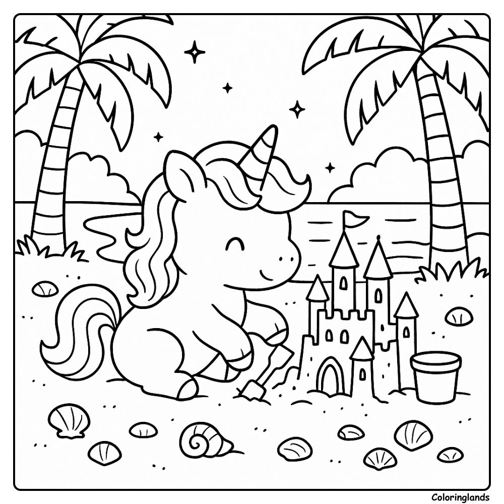 Unicorn builds a castle by shells and a quiet ocean