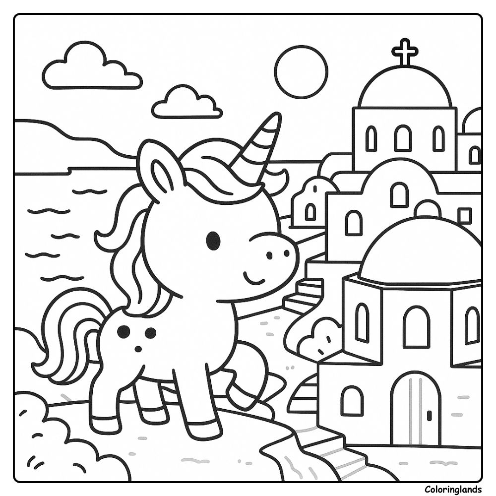 Unicorn explores white houses and a calm sunlit shoreline