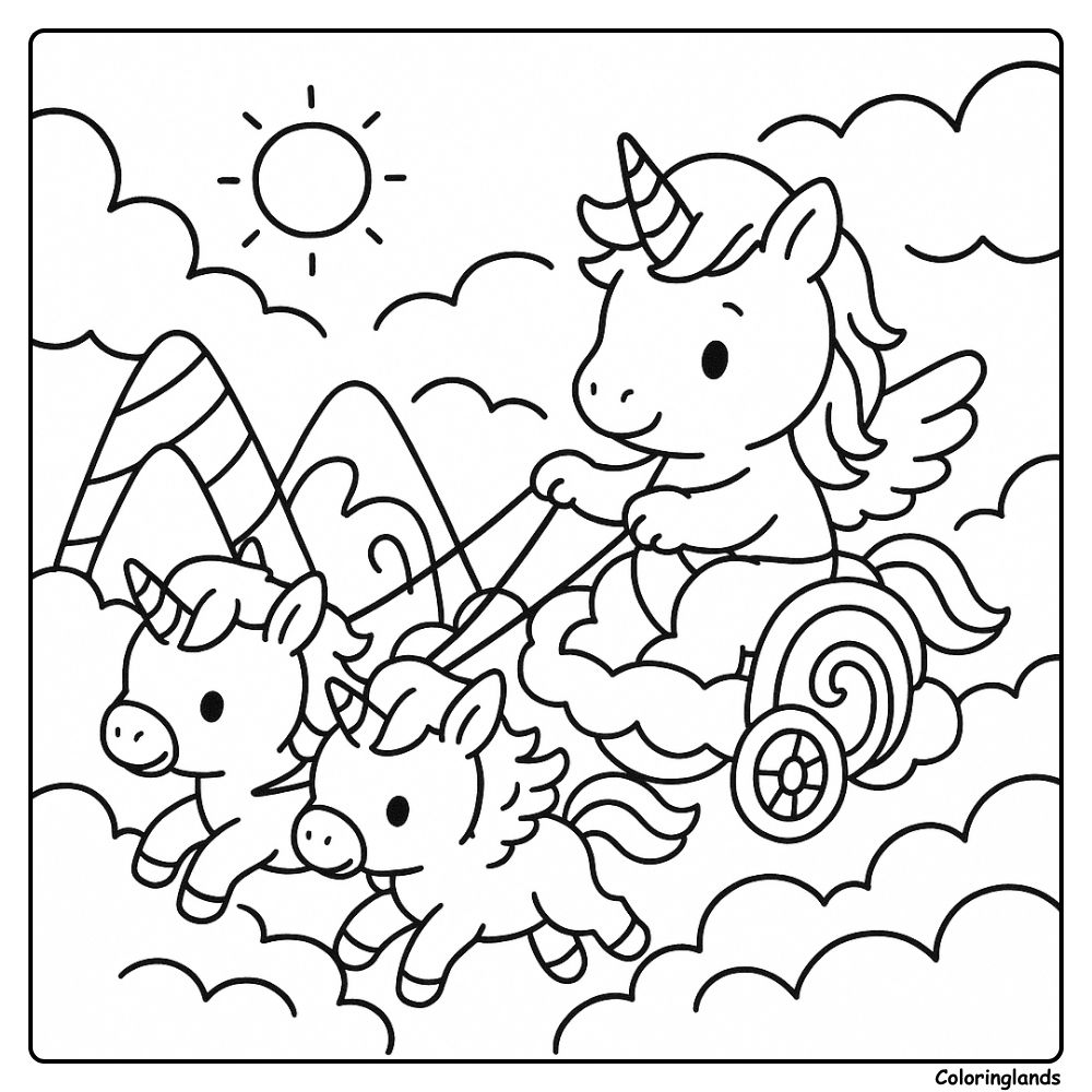 Winged unicorn guides two foals pulling a cloud cart