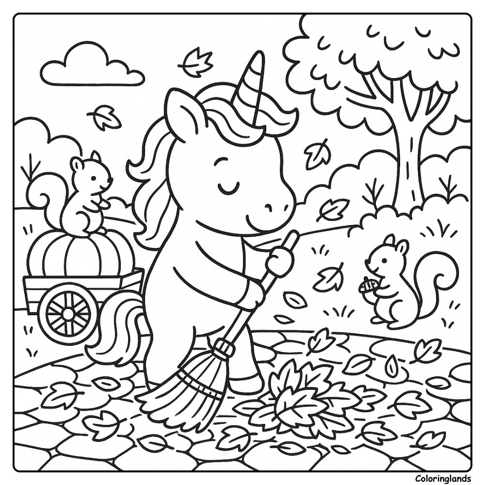 Unicorn sweeps a stone path while friends stash acorns