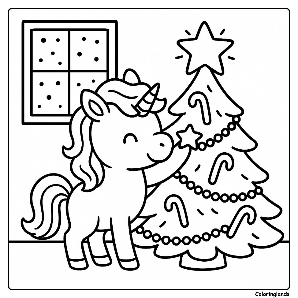 Unicorn places a bright star on a candy cane tree