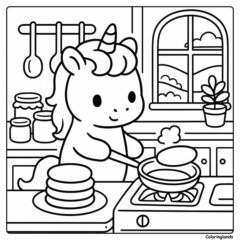 Unicorn cooks pancakes in a sunny cottage kitchen