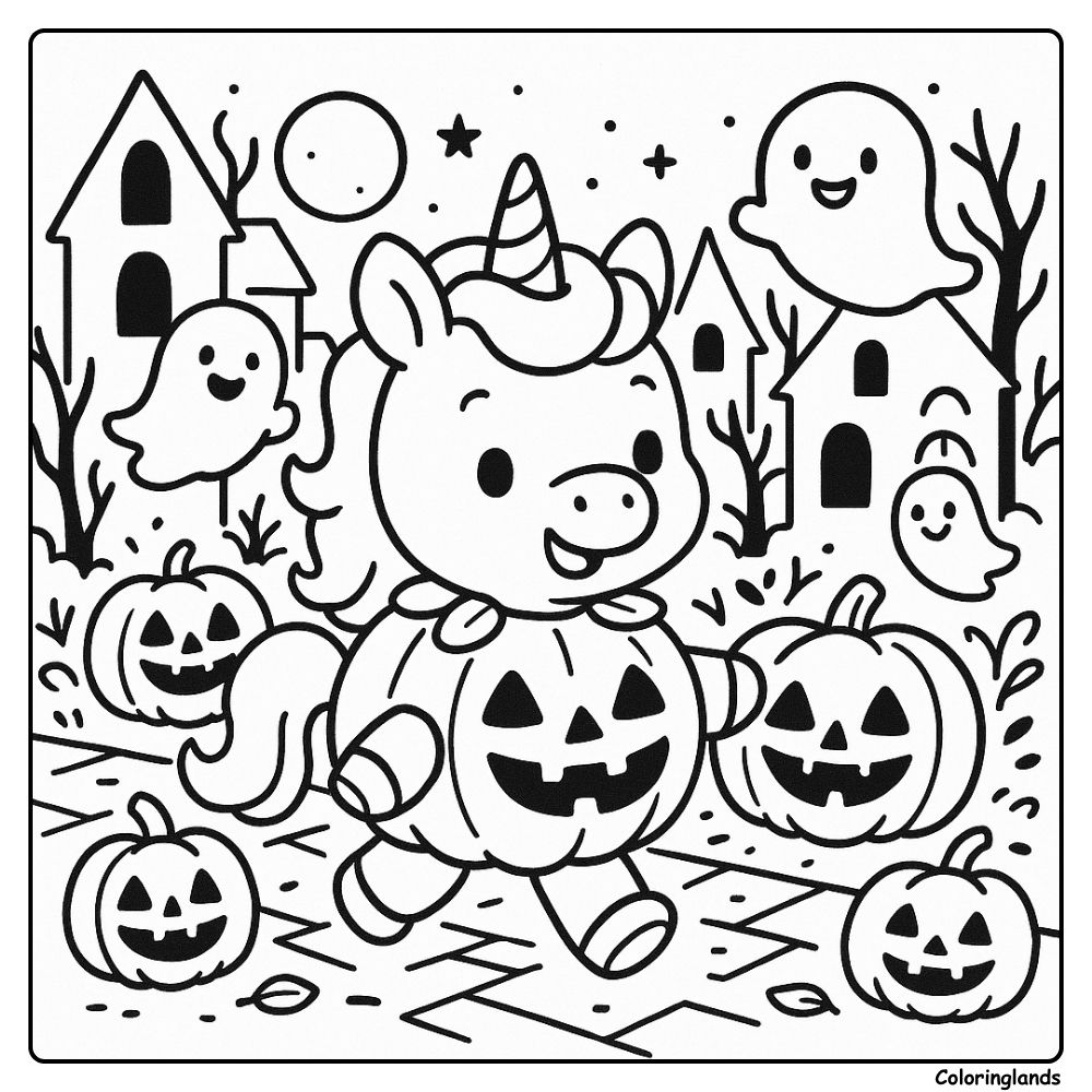 Cute unicorn in pumpkin suit with ghosts and jack o lanterns