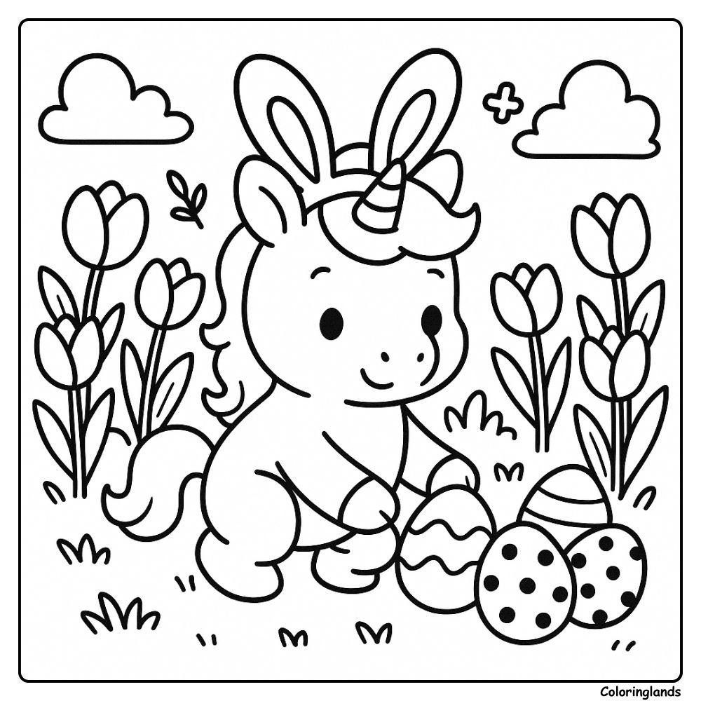Unicorn with bunny ears gathers patterned eggs in flowers
