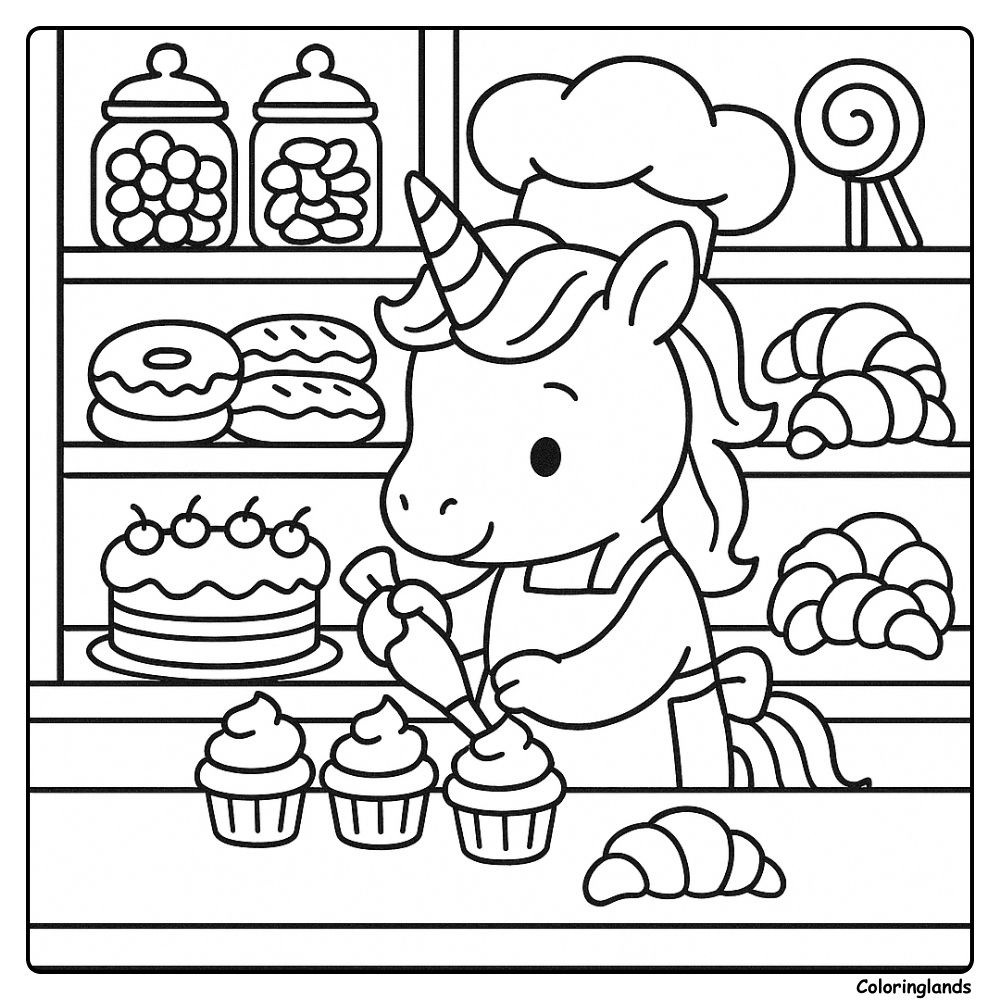 Unicorn pastry chef decorates cupcakes beside sweet treats