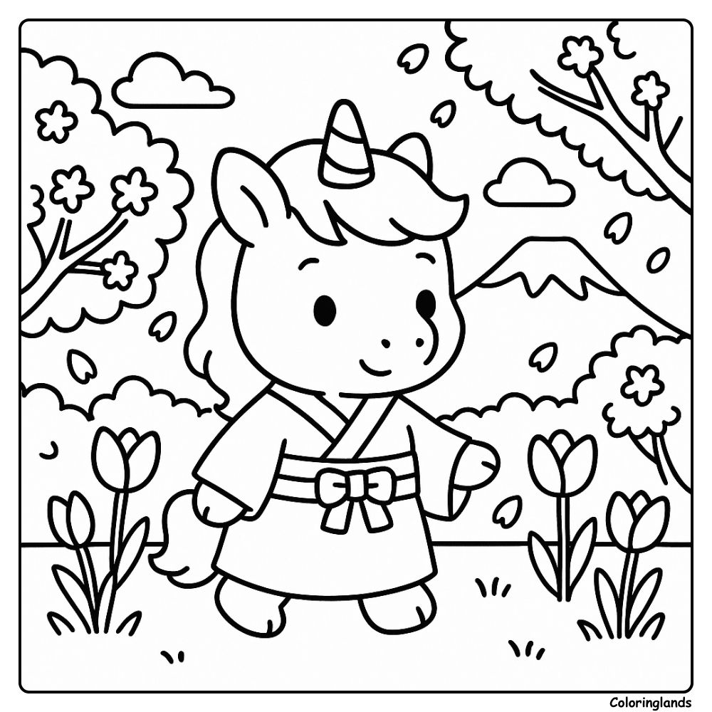 Unicorn walks a spring path with mountain in the distance