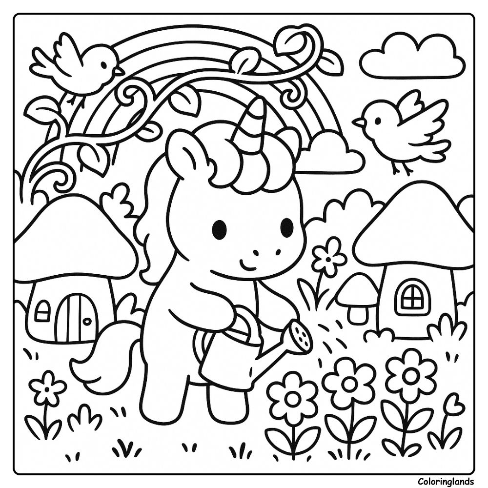 Unicorn waters flowers near little cottages and birds