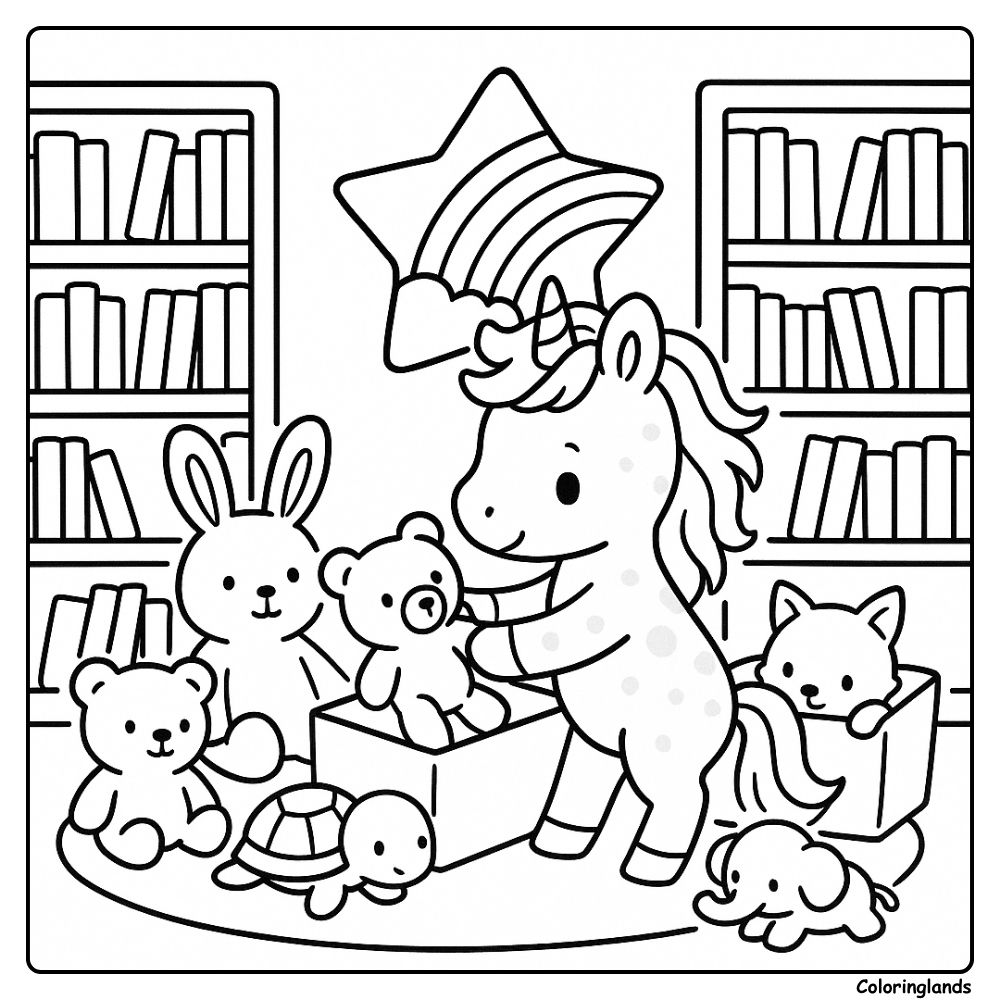 Unicorn sorts plush friends beneath a rainbow star