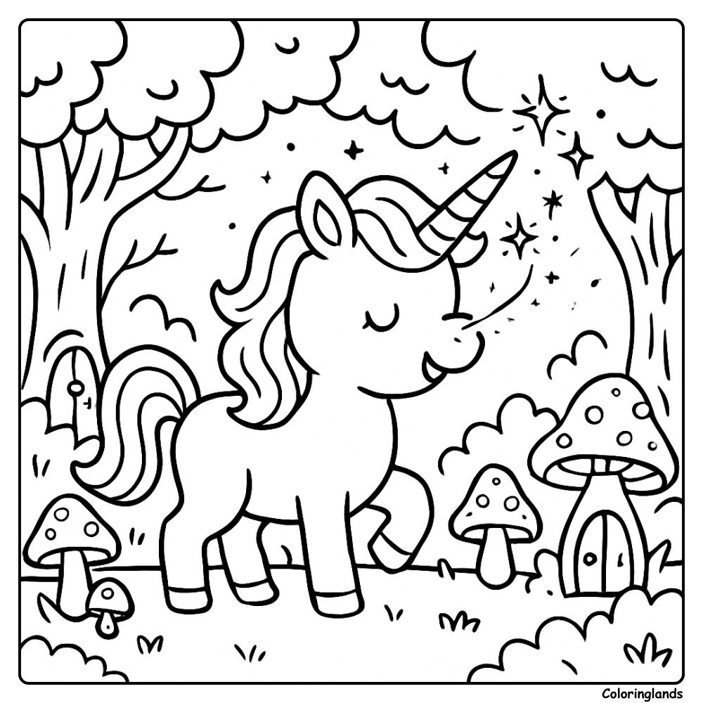 Unicorn strolls by mushrooms and tiny shining stars