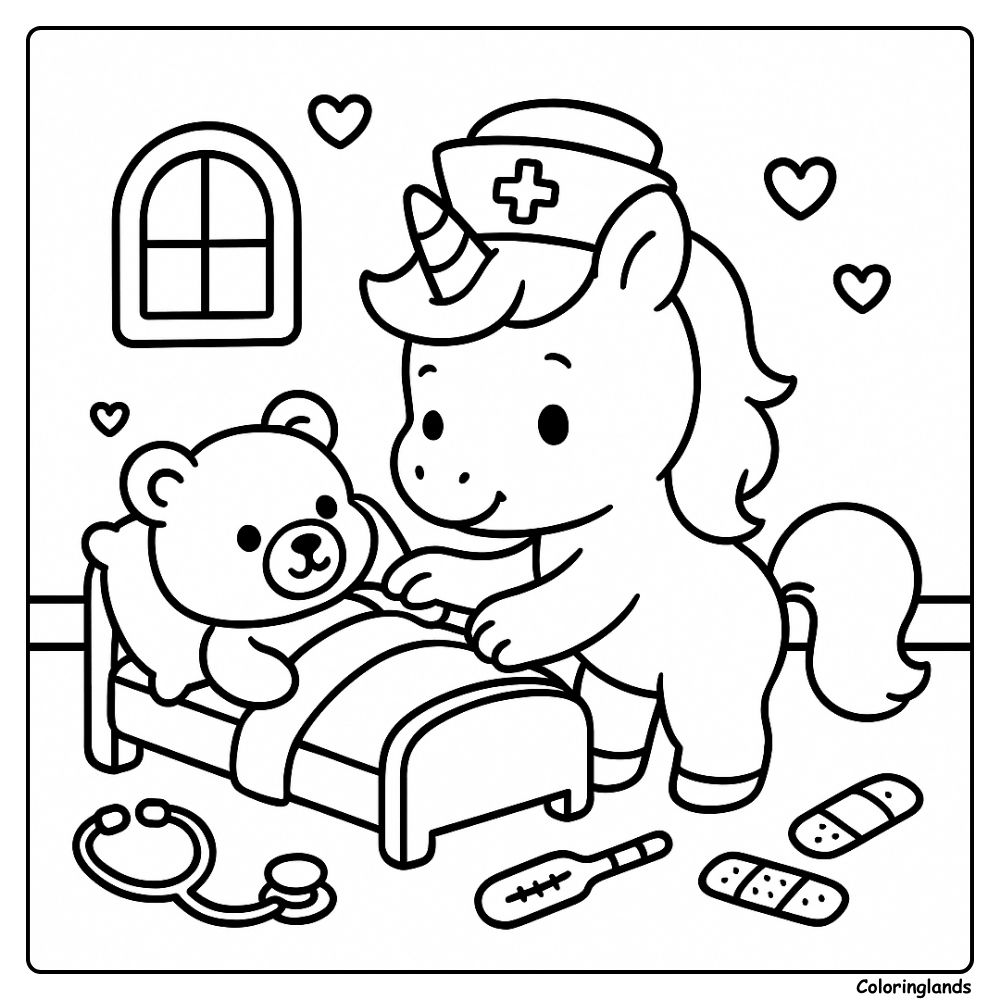 Unicorn medic tucks a teddy into a snug little bed