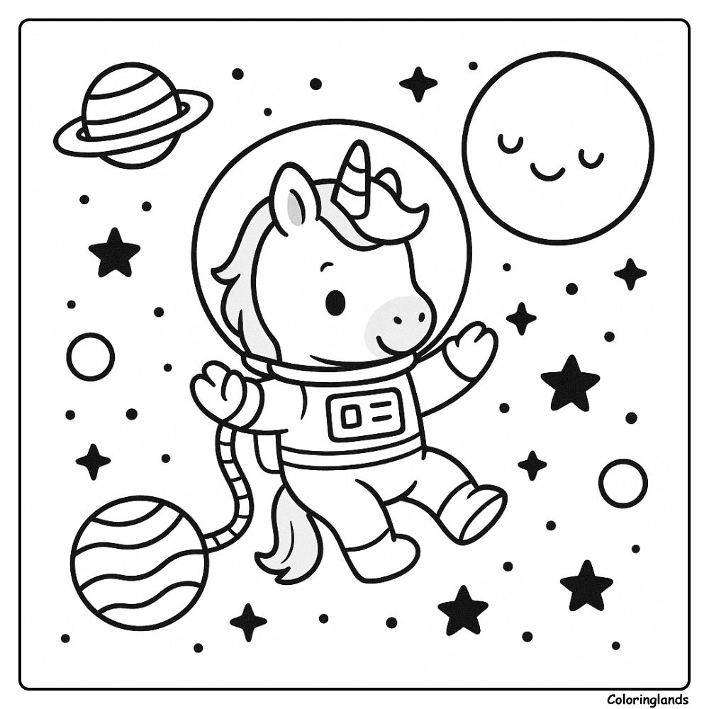 Unicorn astronaut floats near stars and a smiling moon