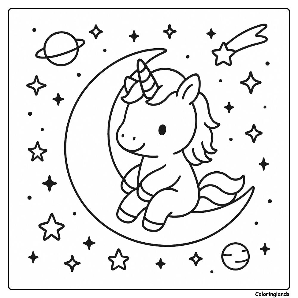 Little unicorn perched on a moon with stars and planets