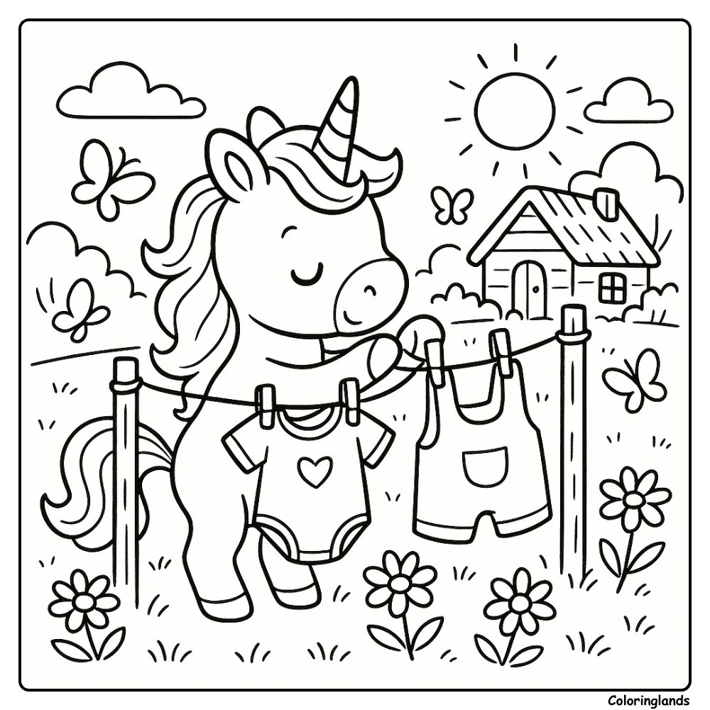 Unicorn hangs little outfits by flowers and butterflies