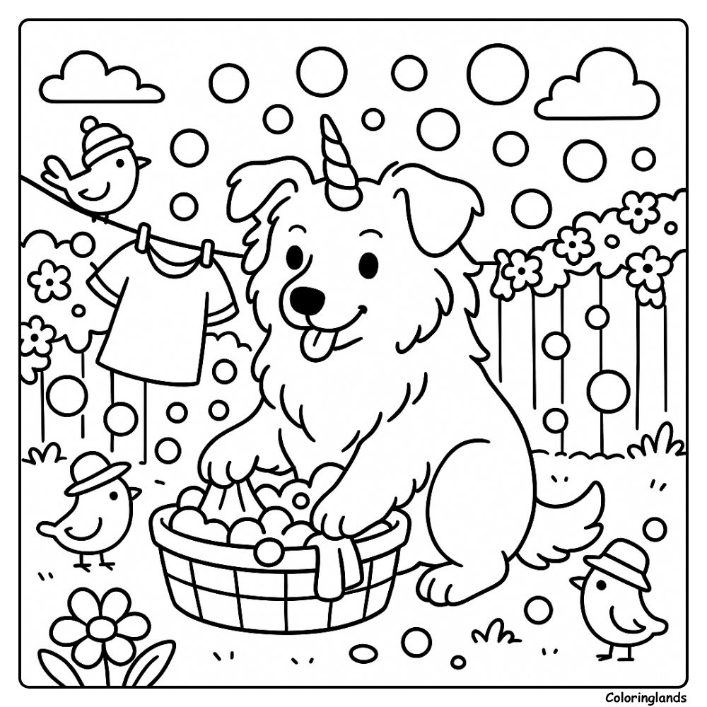 Unicorn pup with fresh laundry under a sunny garden sky