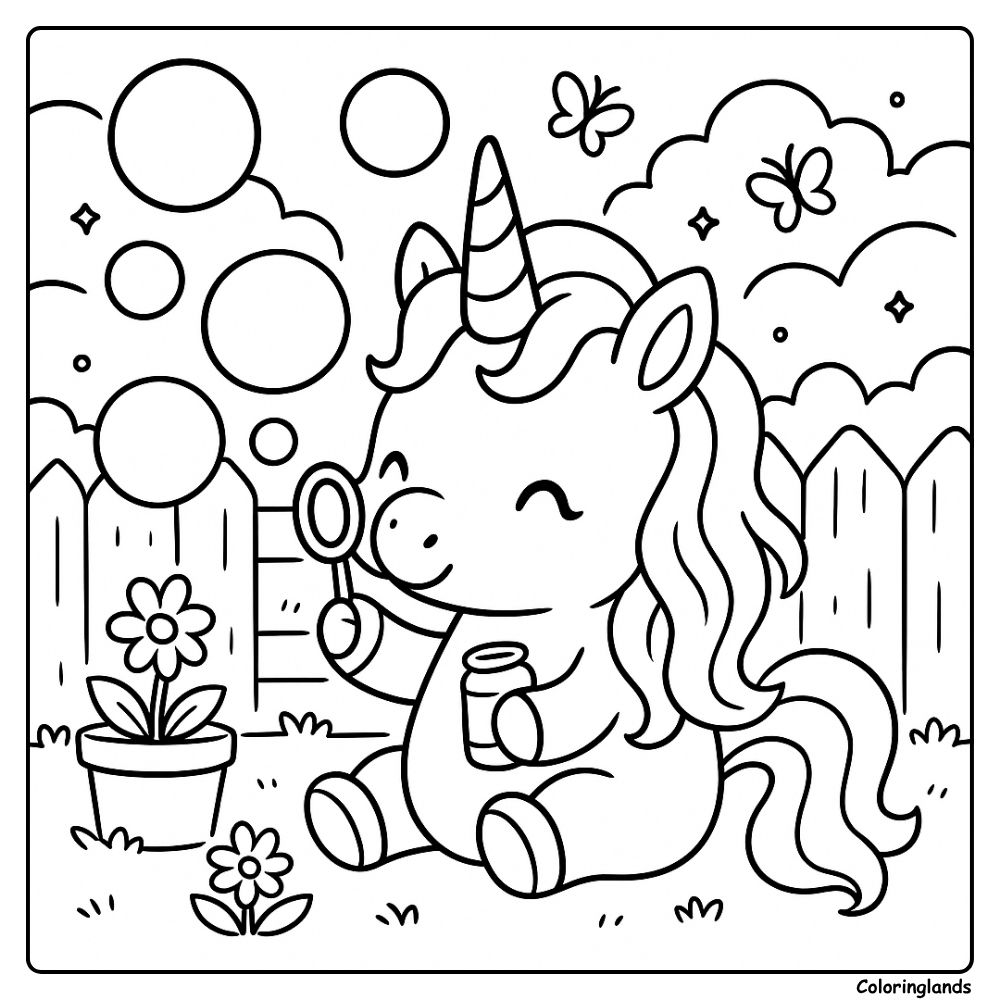 Garden coloring picture with butterflies and bubble play
