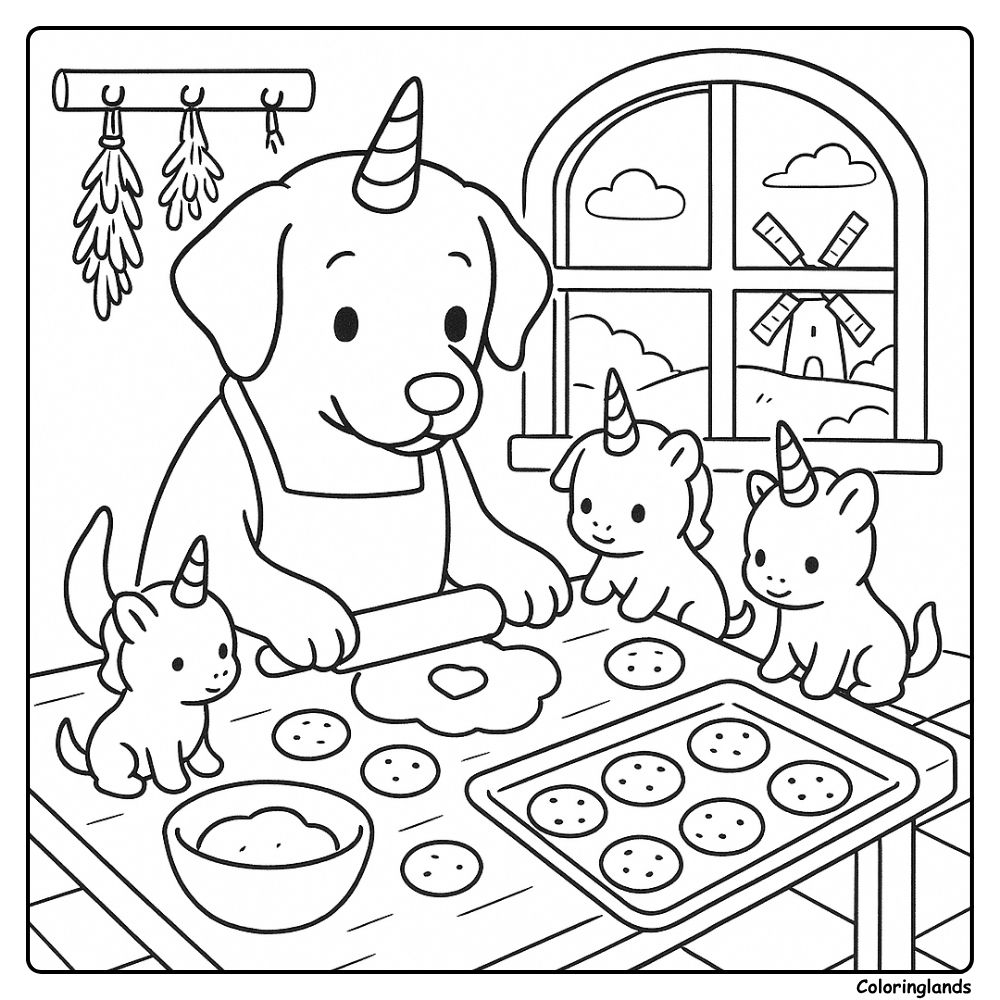 Big unicorn pup bakes treats with playful baby unicorns