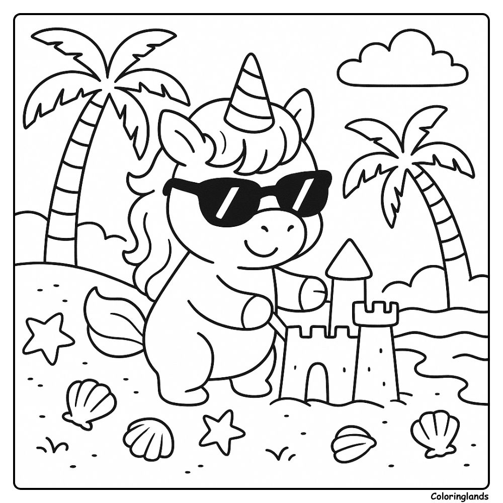 Seaside coloring sheet with palm trees shells and sandcastle