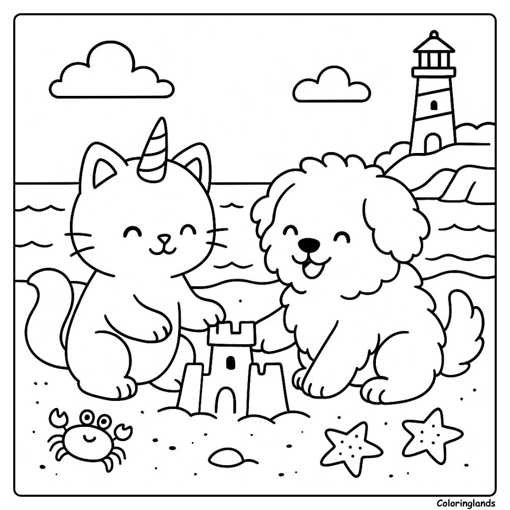 Unicorn cat and dog beach printable coloring picture