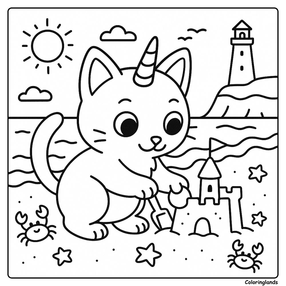 Line art caticorn builds a castle by waves and lighthouse
