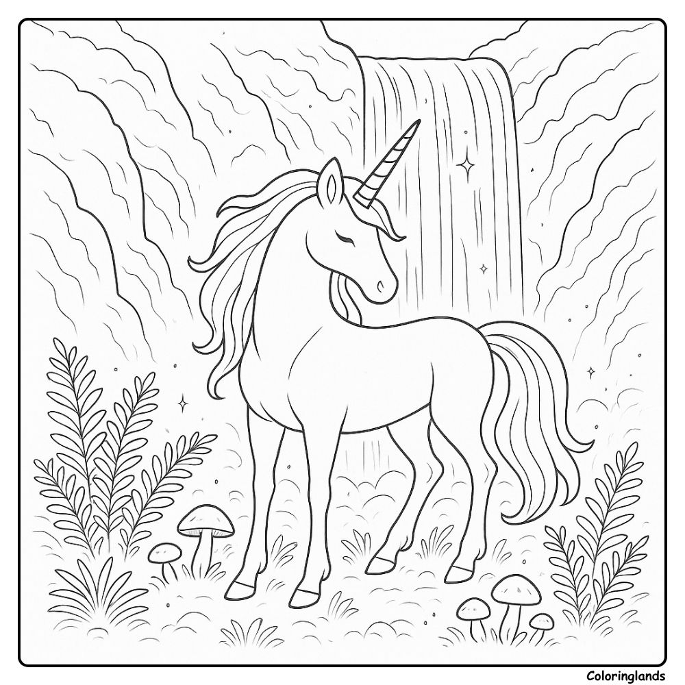 Graceful unicorn near bright falls with ferns and mushrooms
