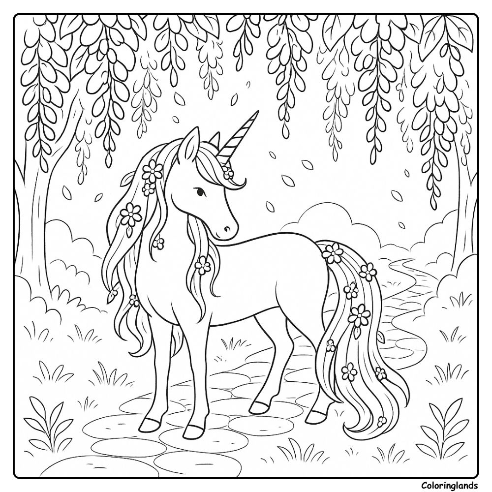 Elegant unicorn with floral mane on a winding stone walkway