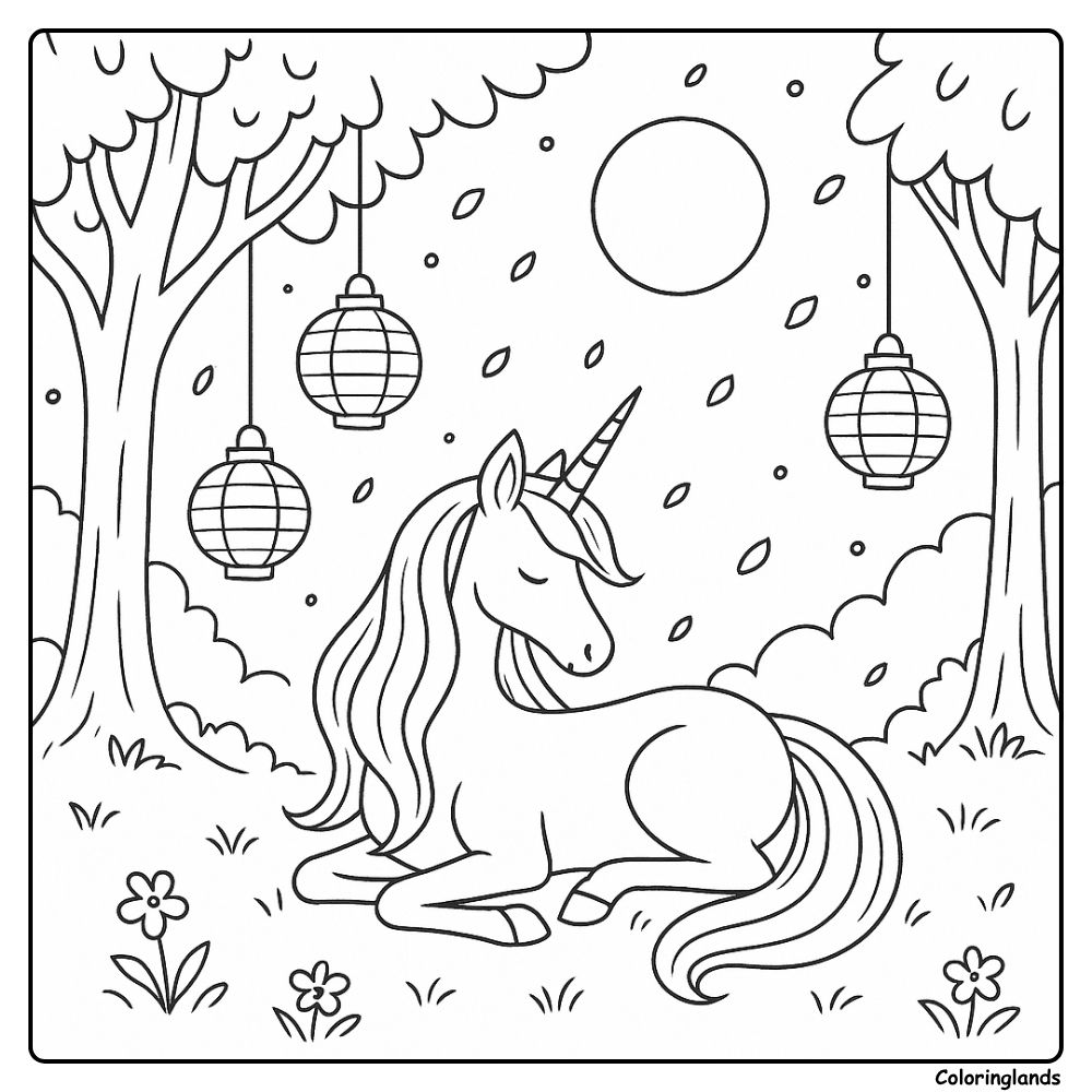 Sleeping unicorn in a moonlit grove with paper lanterns