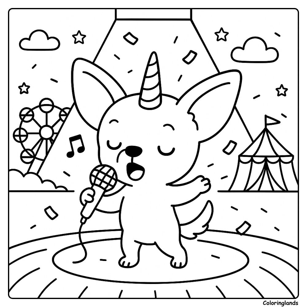 Chihuahua unicorn singing on carnival stage line drawing