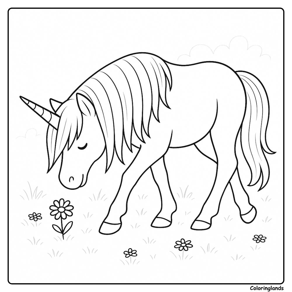 Large unicorn coloring picture grazing beside tiny flowers