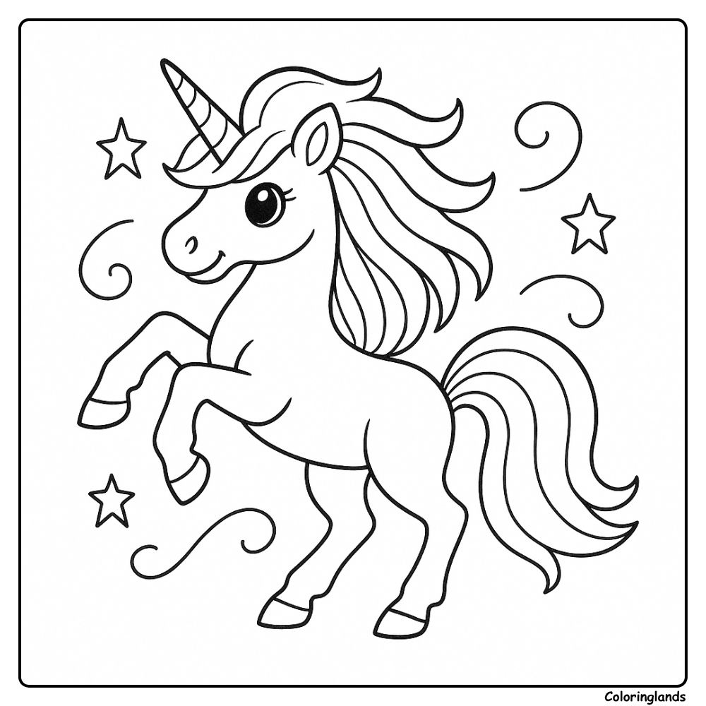 Large unicorn coloring image dancing among swirling stars