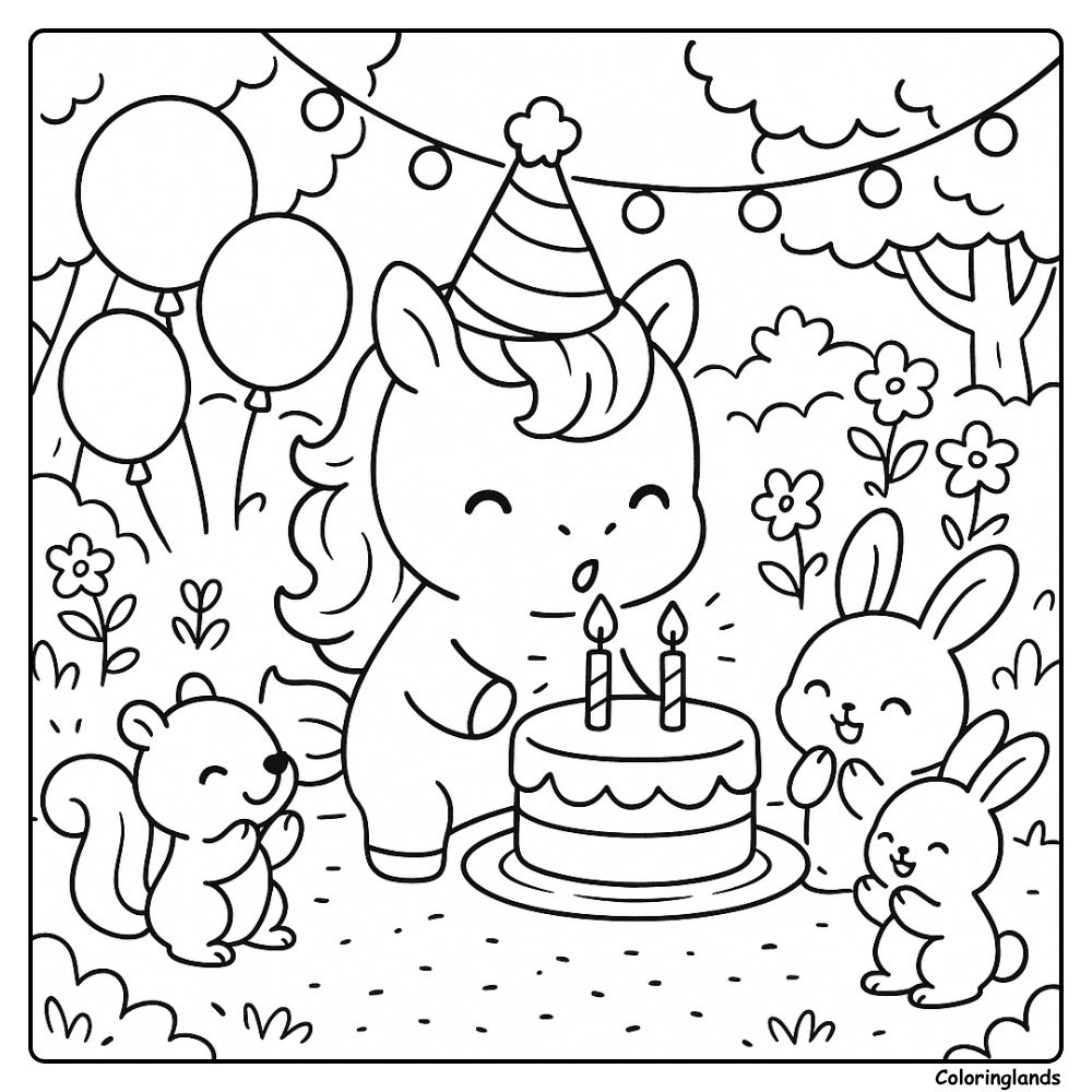 Party cake balloons bunnies and a smiling unicorn to color