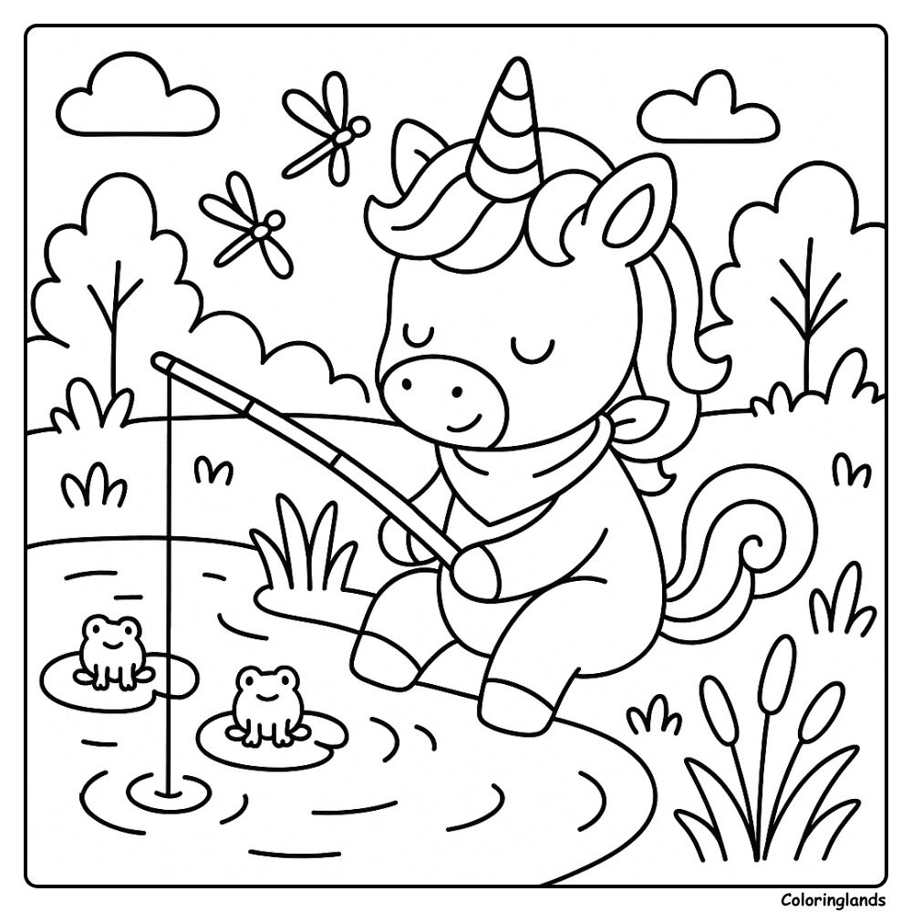 Cute unicorn fishing with frogs on quiet lily pads