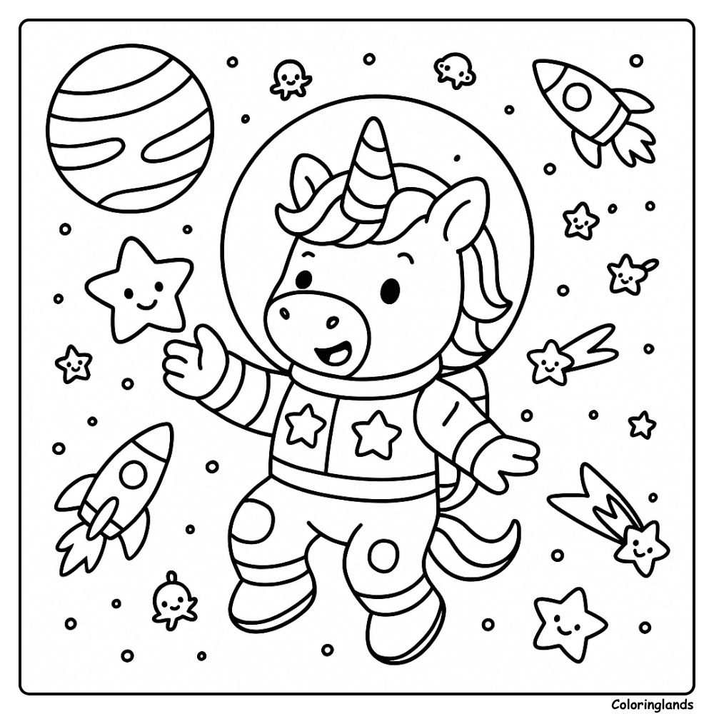 Astronaut unicorn floats with rockets and smiling stars