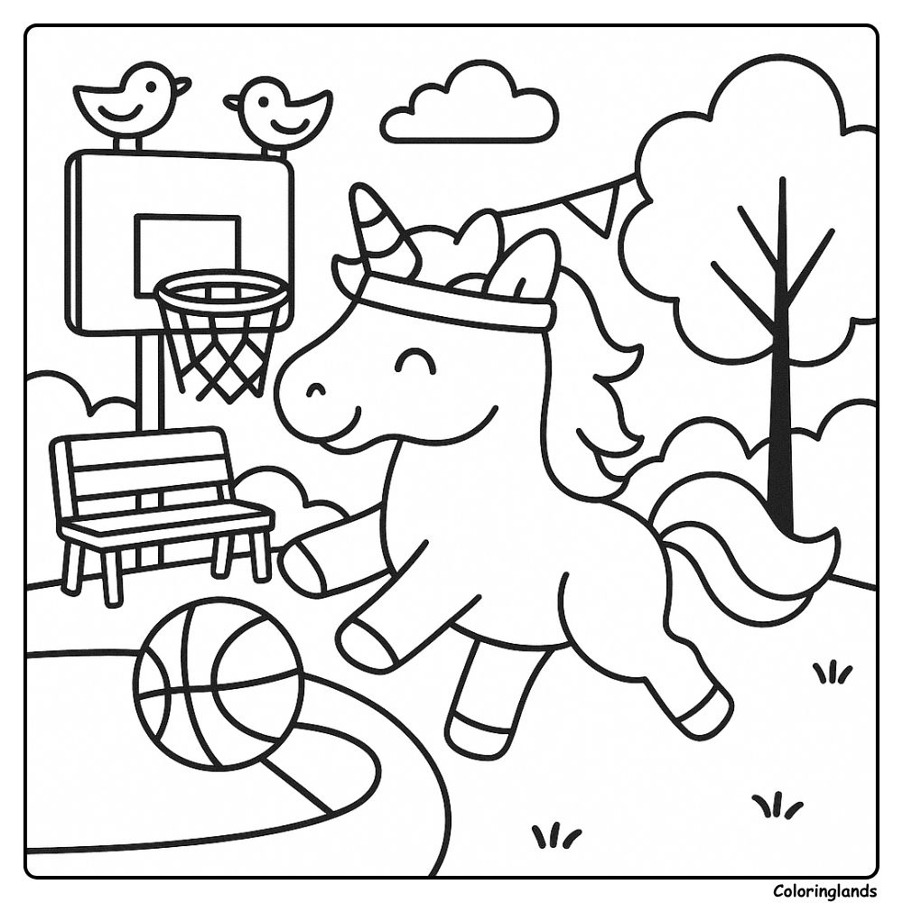 Sporty unicorn dribbles near the hoop as birds watch
