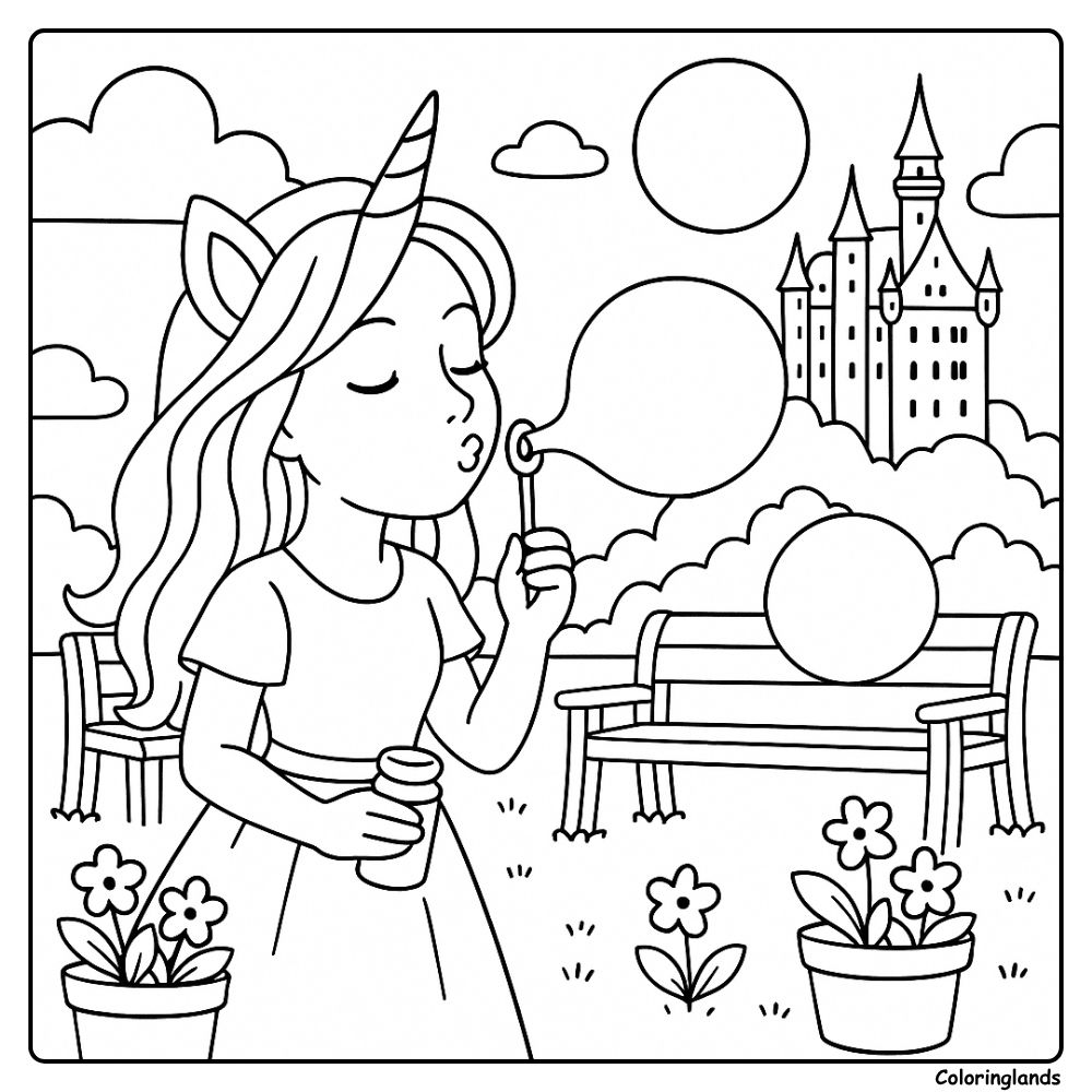 Unicorn kid blows bubbles near benches and a castle