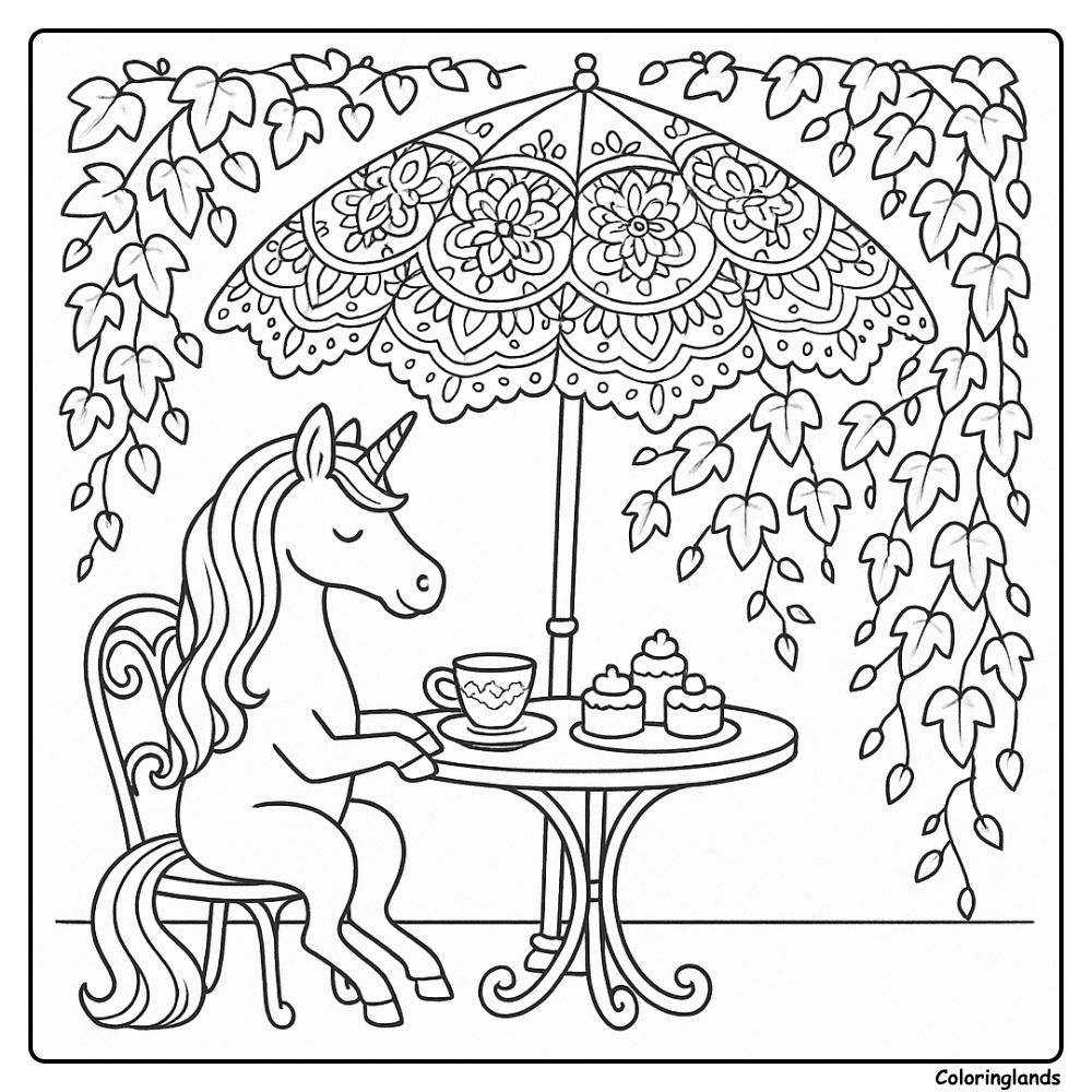 Unicorn at garden cafe under umbrella with cupcakes and ivy
