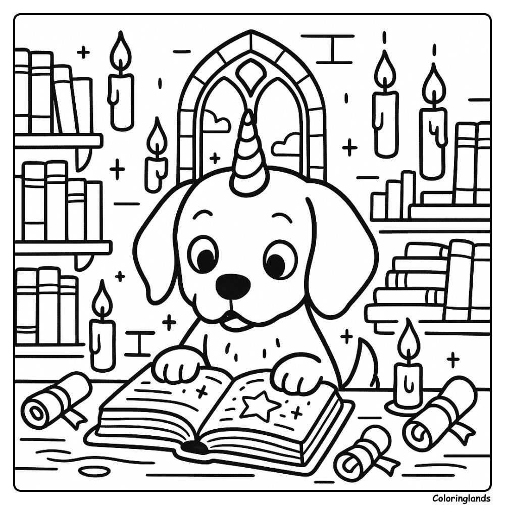 Cute unicorn puppy reads a starry spellbook coloring picture