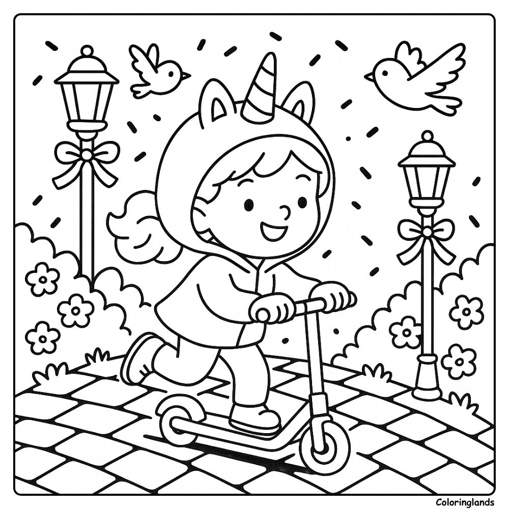 Unicorn hoodie rider glides past lampposts and songbirds