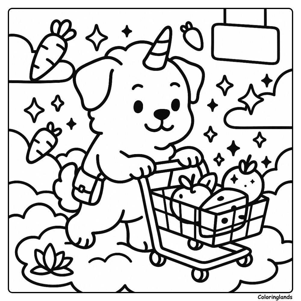 Magical puppy shops for apples in a dreamy market page
