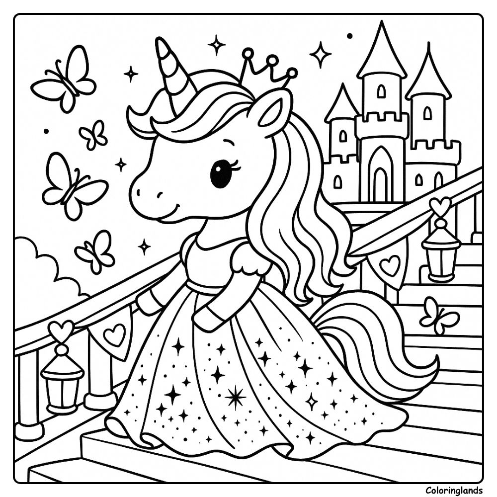 Cute princess unicorn near a castle, stars and butterflies.