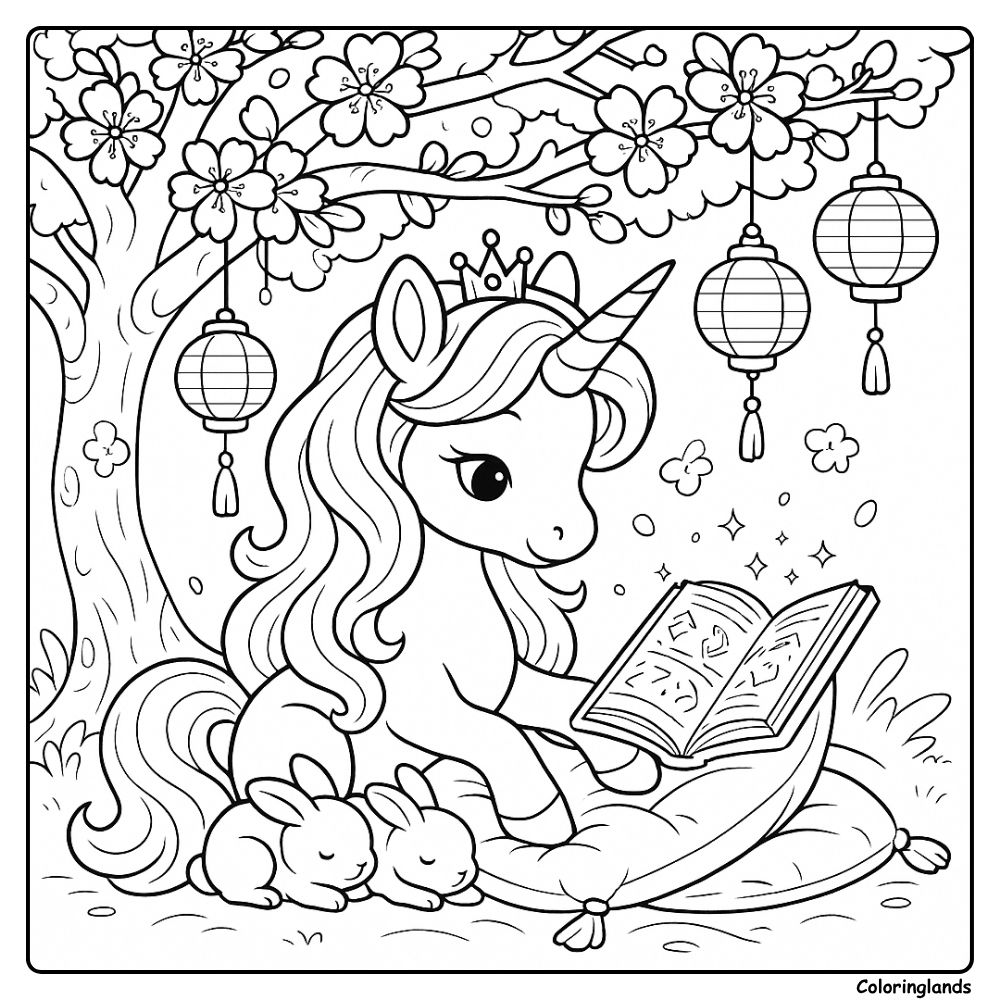 Unicorn reading on a cushion with bunnies and blossoms.
