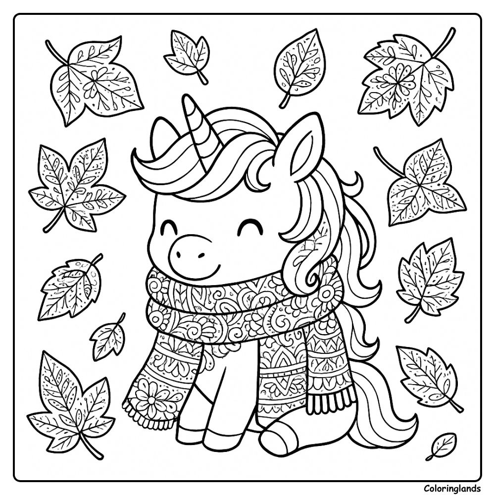 Unicorn in cozy scarf amid swirling autumn leaves all around