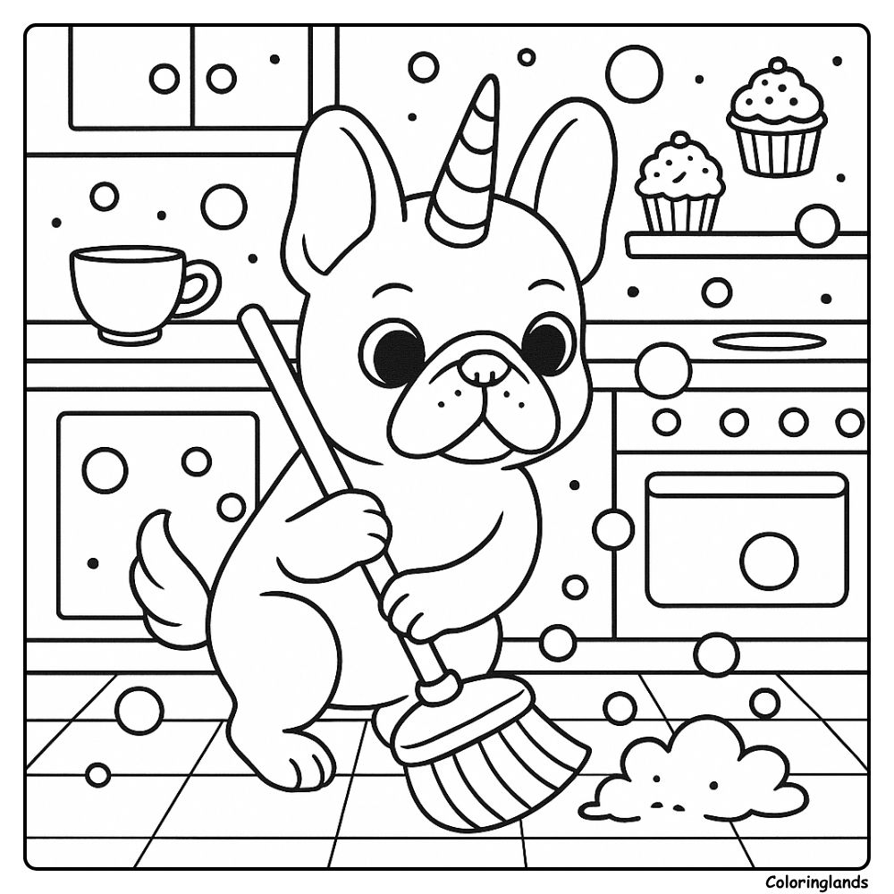 French bulldog mopping in a kitchen coloring image